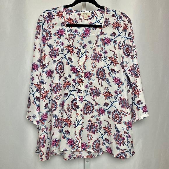 Style & Co. Tops - Style & Co. Womenʻs White | Blue Floral 3/4 Sleeve Button Down Blouse Large